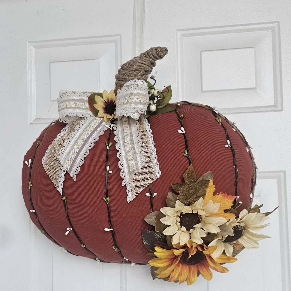 Handmade fall pumpkin wreath rusty orange with sunflowers in yellow and cream